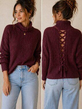 Say What Burgundy Lace Up Sweater Chunky Knit Turtleneck Cozy Chic Size S